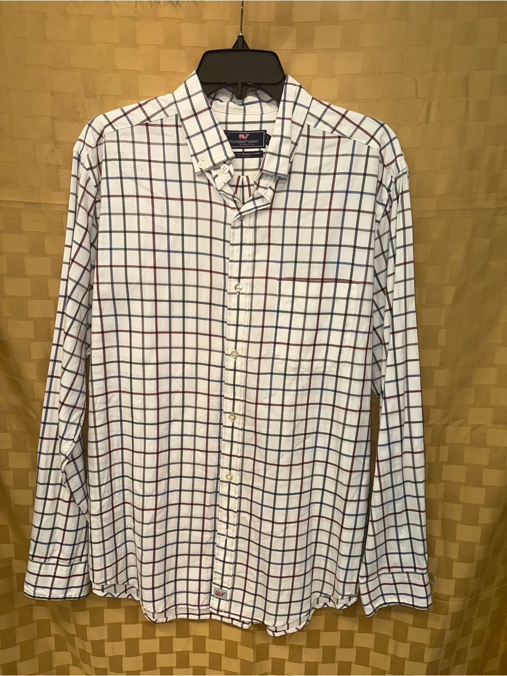 Vineyard Vines White Button-Down Shirt with Navy and Burgundy Windowpane Check